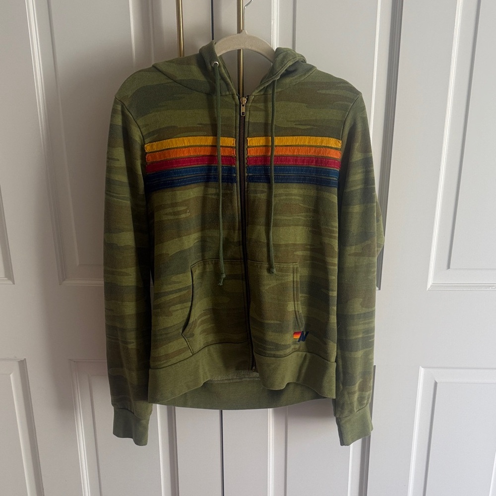 Aviator Nation Green Camo Hoodie with Colorful Stripes - Picture 4 of 5
